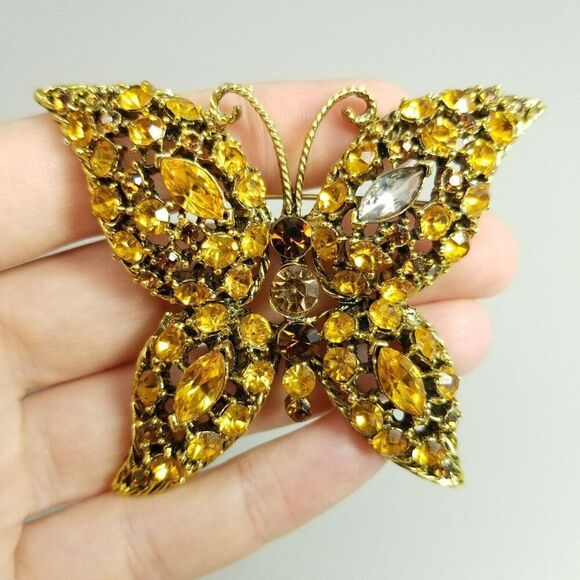 Vintage Jewelry - Vintage Orange Yellow Rhinestone Butterfly Brooch Gold Tone Setting, Loose Stone